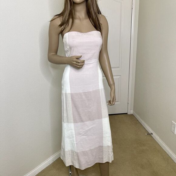 Theory Dress Sz 2 Linen Midi Phyly Plaid Grid Strapless Spring Summer Open Back - Picture 1 of 11
